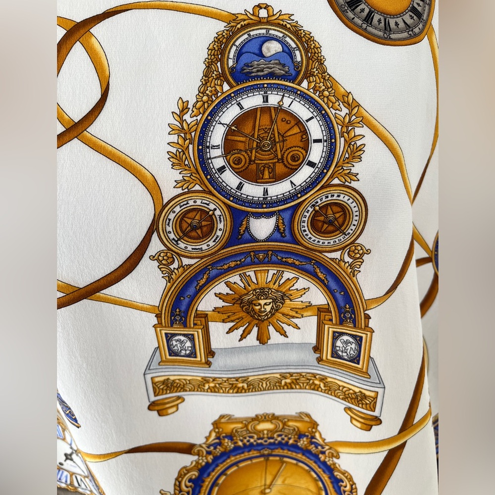SCARF Square Unsigned Classic Clock Pattern Navy Gold Cream Timeless Chic - Picture 9 of 16